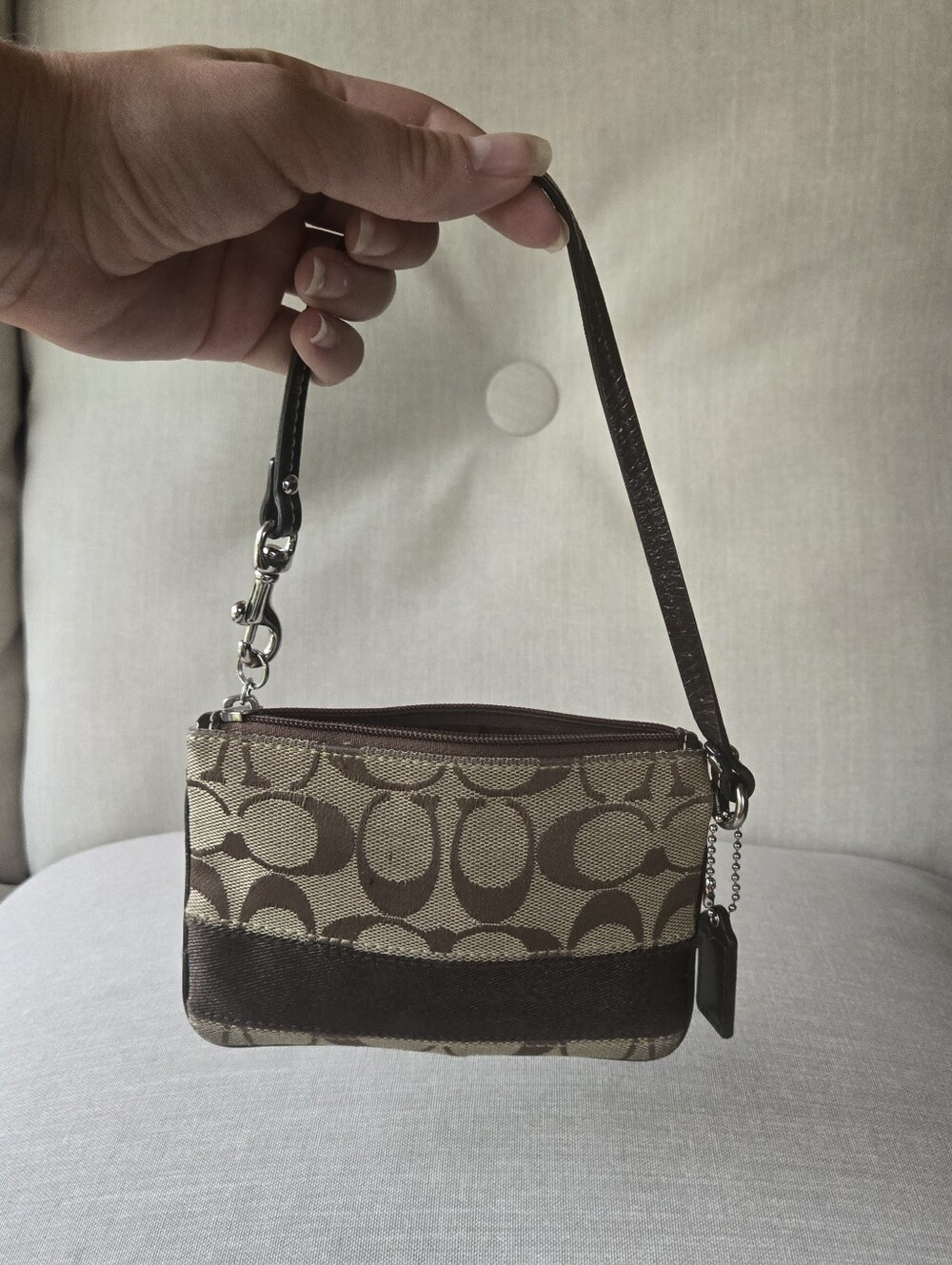 Coach Signature Jacquard Canvas Wristlet Brown Tan Mini Clutch
